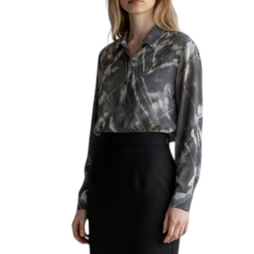 PAOLO SANTINI 100% Silk Button Up Blouse-Bodysuit Sz 8 Gray Boho Unique Timeless